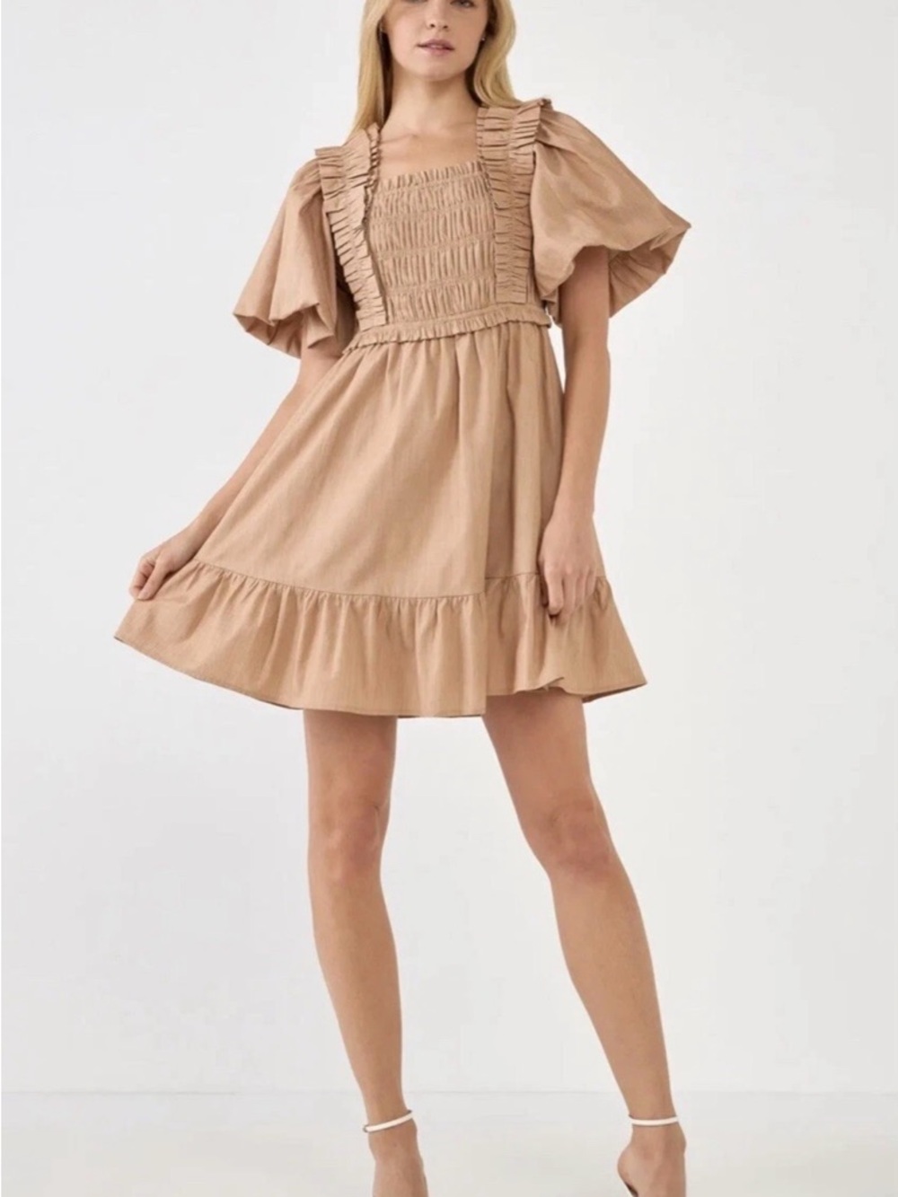 English Factory Tan Smocked Ruffle-Trim Mini Dress